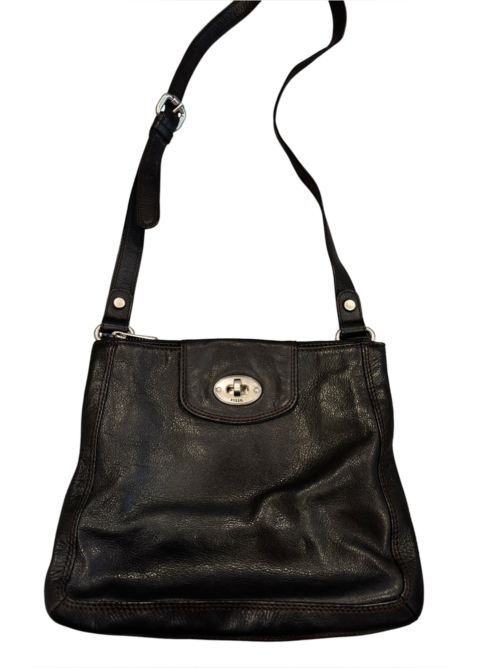 Fossil Vintage Black Pebbled Leather Turn Lock Flap Crossbody Shoulder Bag